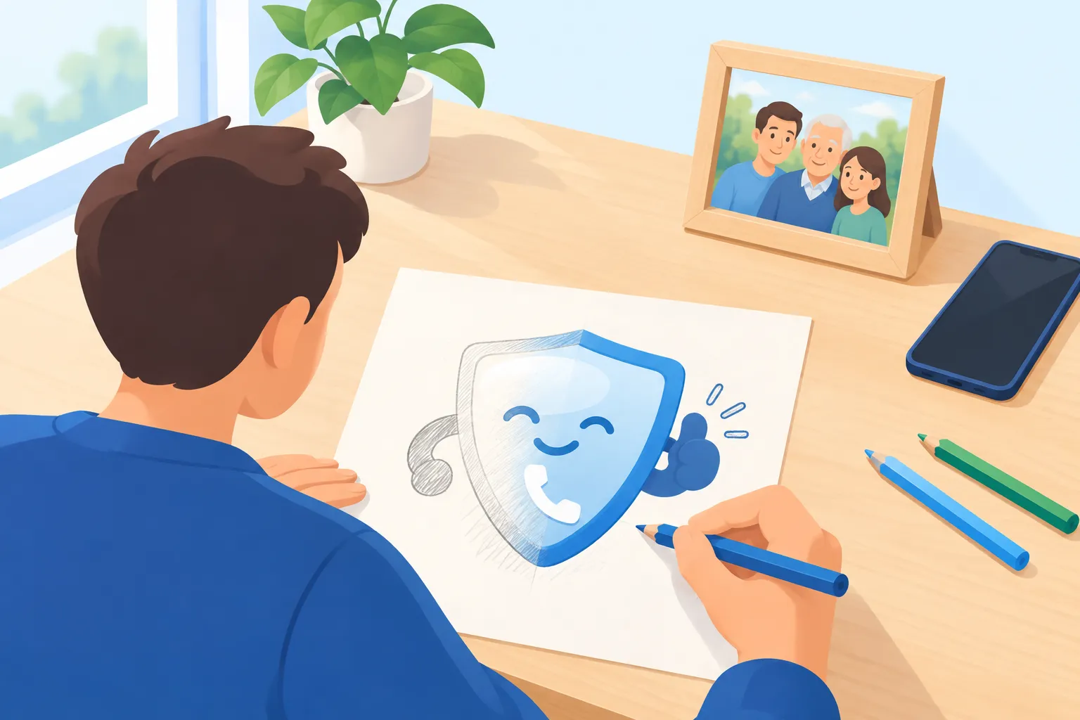 Le fondateur dessine Guardy à son bureau, à côté d’une photo de famille.