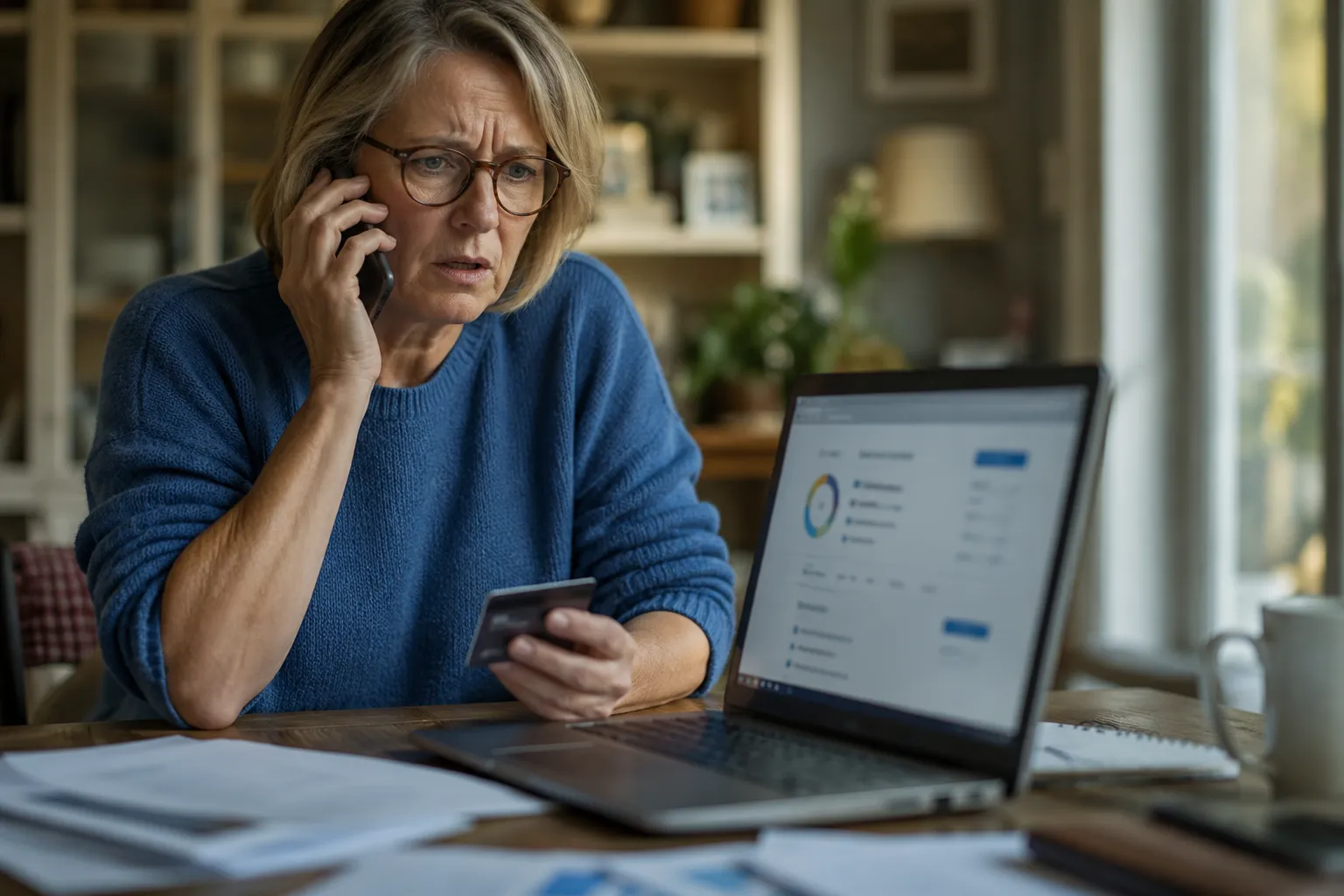Femme au telephone tenant une carte bancaire devant un ordinateur.