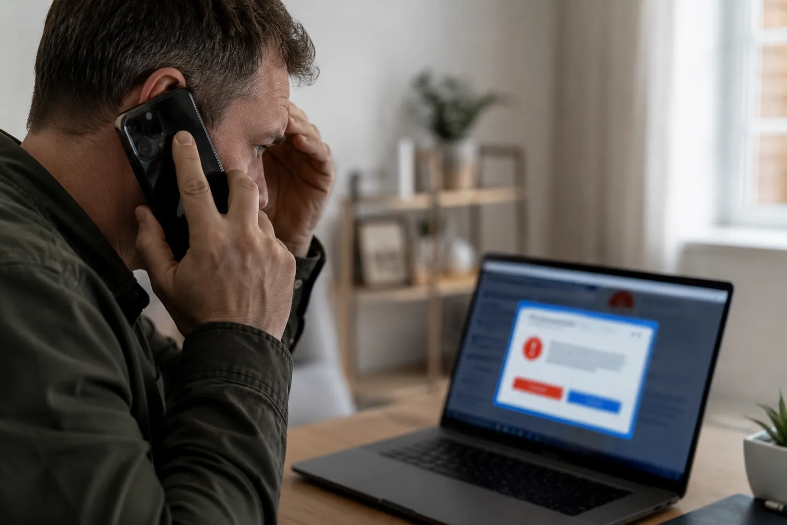 Homme au telephone face a une alerte informatique sur son ordinateur.