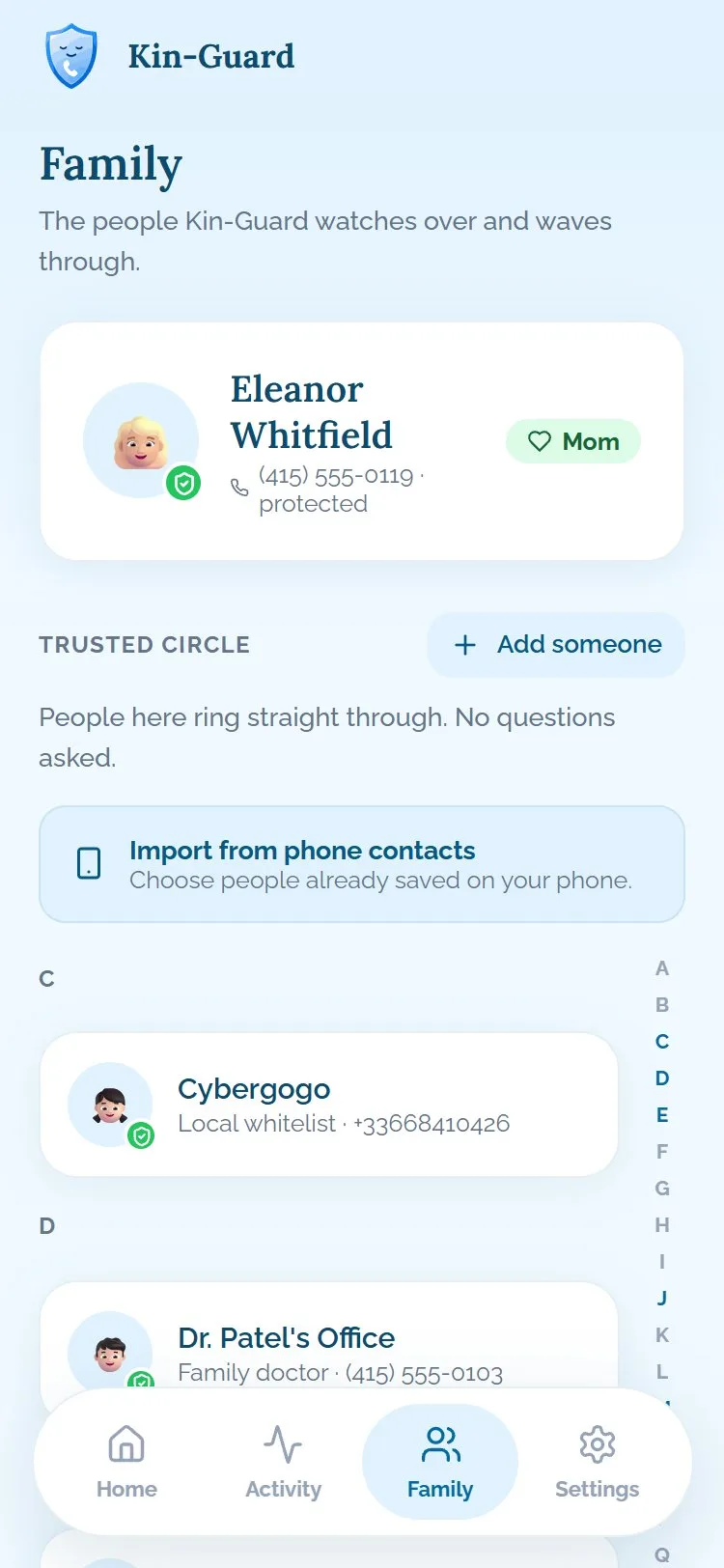 Écran famille Kin-Guard : cercle de confiance qui sonne directement, importé depuis les contacts.