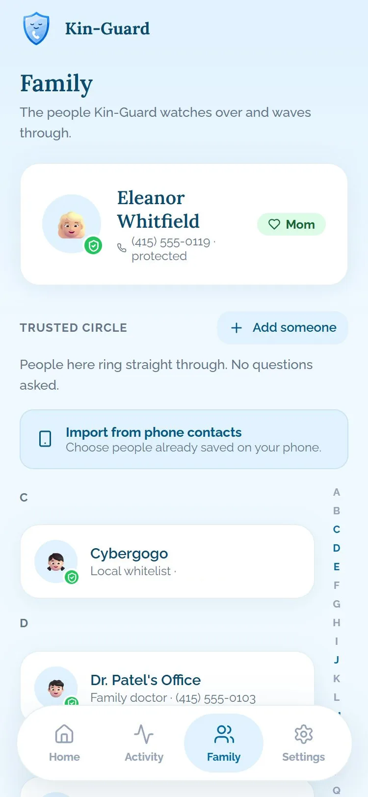 Écran famille Kin-Guard : cercle de confiance qui sonne directement, importé depuis les contacts.