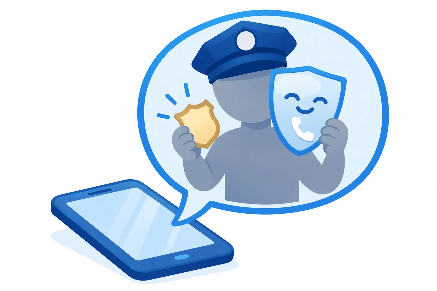Un faux policier, casquette et badge sans inscription, apparaît dans une bulle de téléphone.