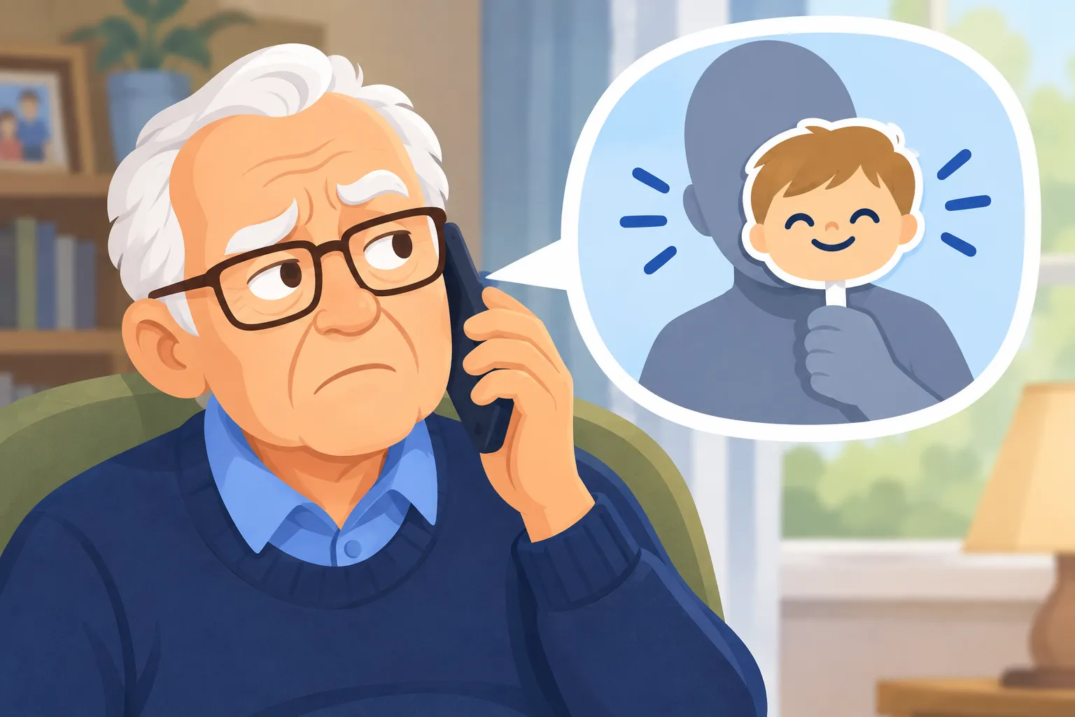 Un grand-père hésite au téléphone : l’appelant tient un masque de petit-enfant.