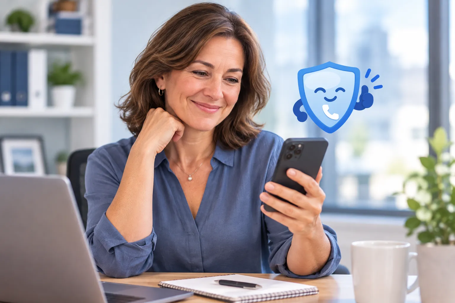 Une femme au bureau regarde son téléphone, rassurée : sa mère est protégée.
