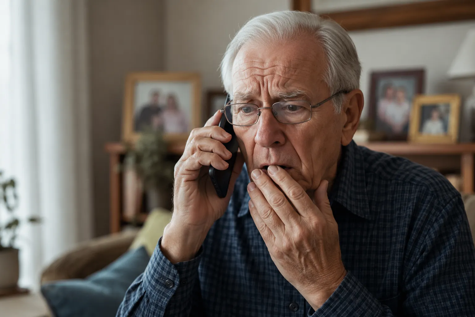 Homme age inquiet au telephone dans son salon.