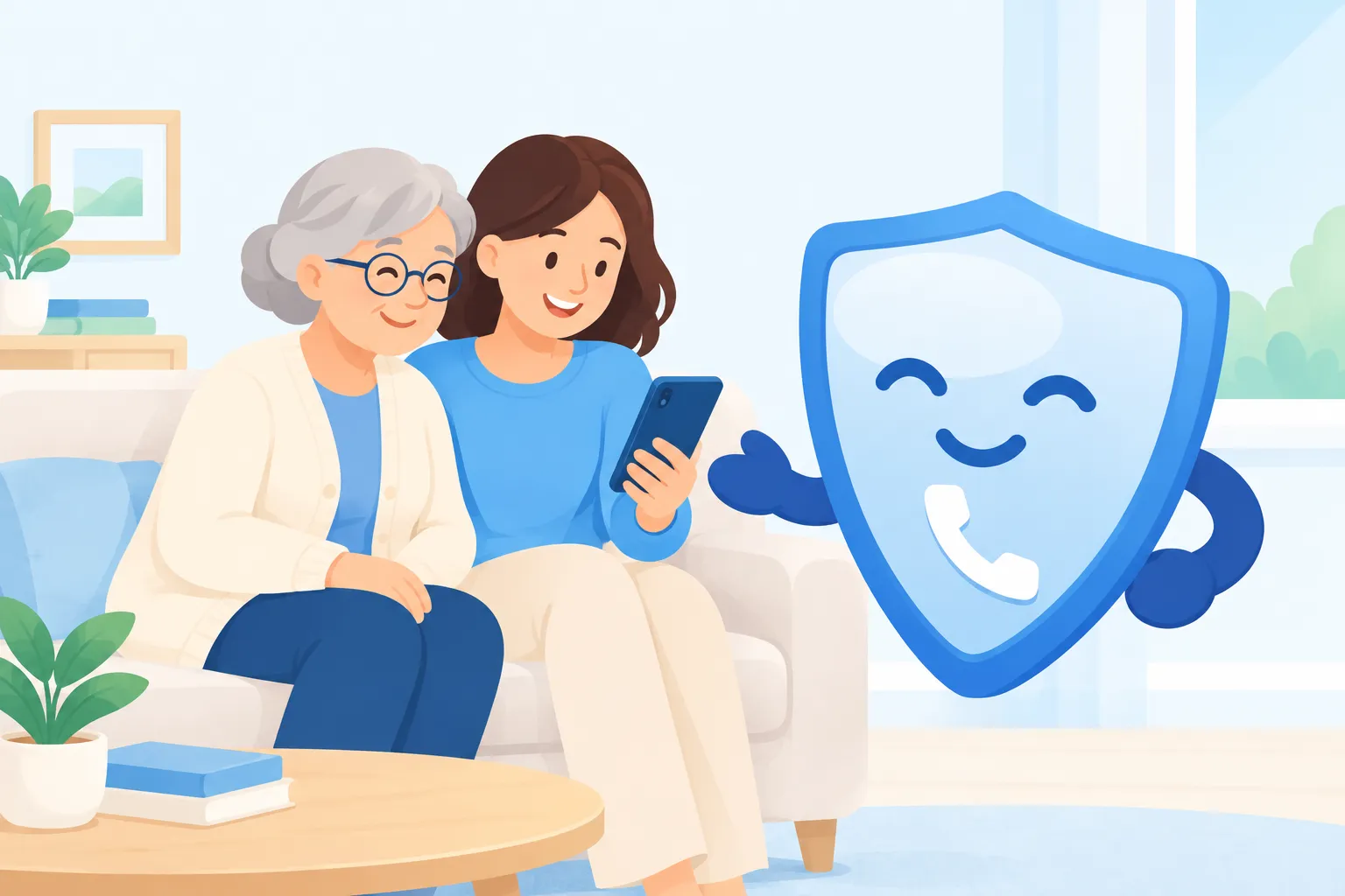 Une grand-mère et sa petite-fille regardent ensemble un téléphone, Guardy leur présente l’écran.