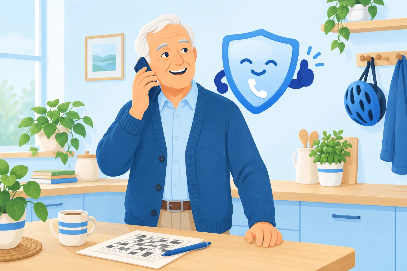 Un homme de 78 ans répond à son téléphone dans sa cuisine, serein, avec Guardy à son épaule.