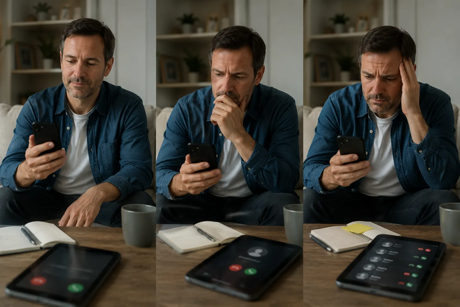 Sequence montrant un homme de plus en plus inquiet devant son telephone.