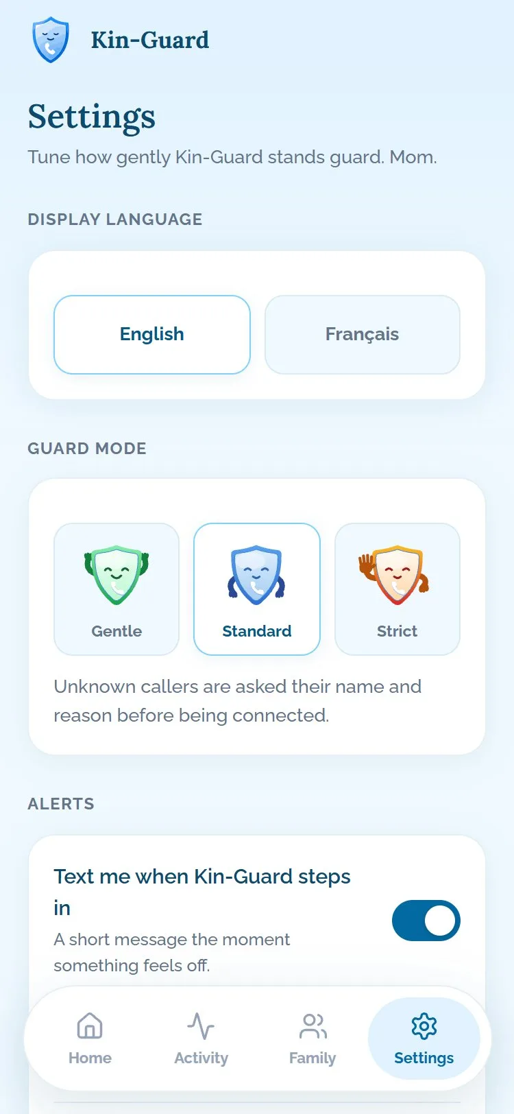 Application Kin-Guard : réglages du mode de filtrage, choix de la langue et alertes par SMS.